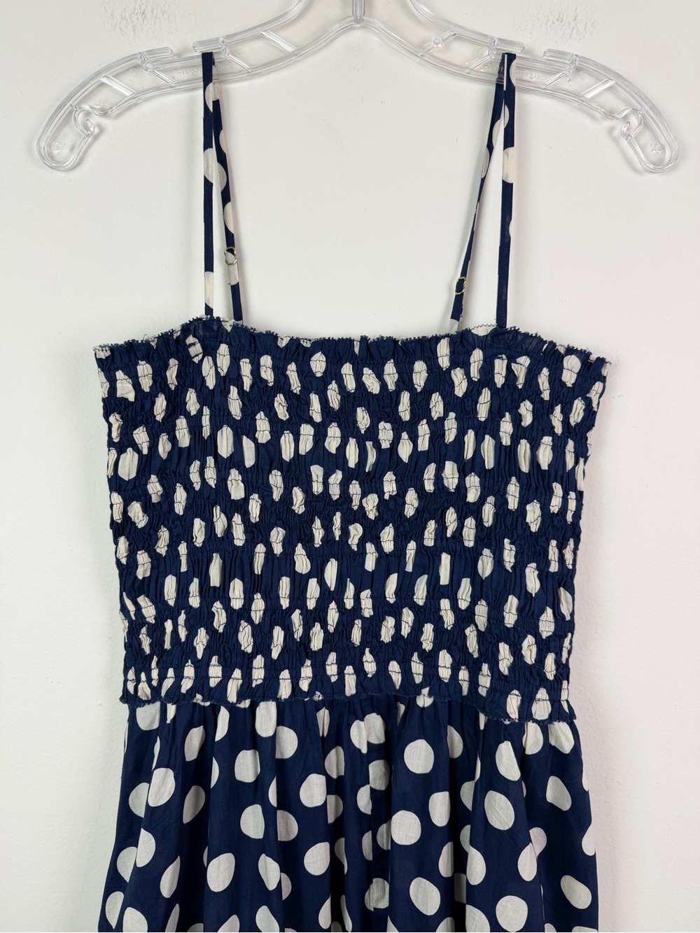 J. Crew Smocked Maxi Dress with Straps in Cotton Voile Navy Polka Dot Size S - Picture 6 of 13